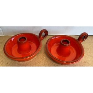 Lot of 2 Candleholders METLOX California Pottery POPPY TRAIL RED ROOSTER Orange